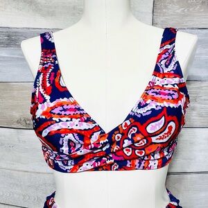 Twist front red orange and blue paisley bikini top M